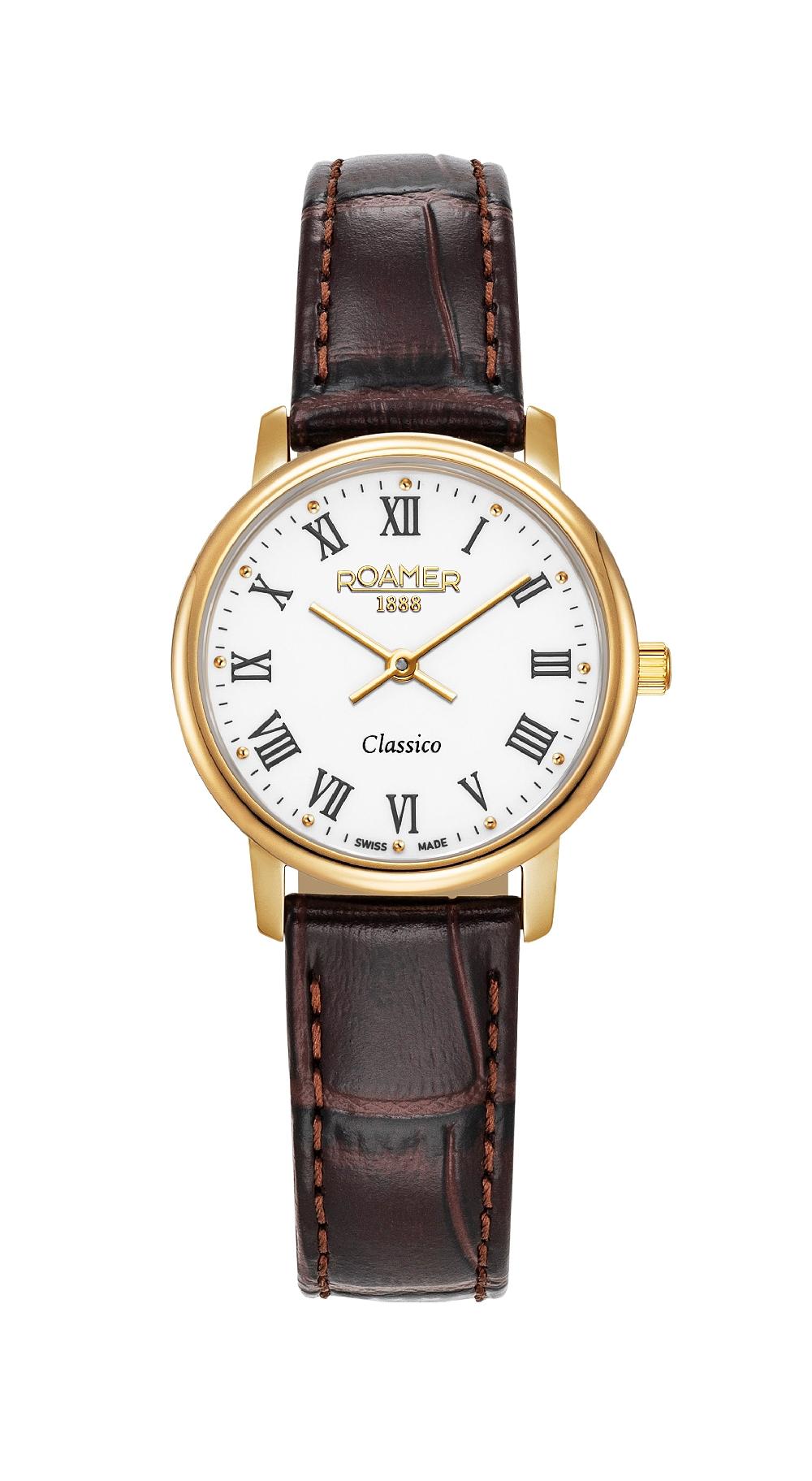 roamer Classico Ladies 30mm Quartz Two-Hand White Dial Brown Leather Strap Sapphire glass Stainless Steel swiss watch