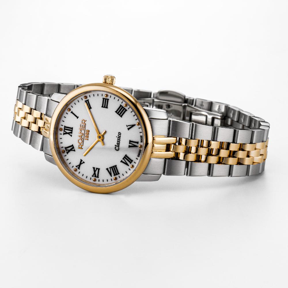 Roamer Classico Ladies 30mm Quartz Two-Hand White Dial Gold-Silver Tone Bracelet Sapphire Glass Stainless Steel Swiss Watch