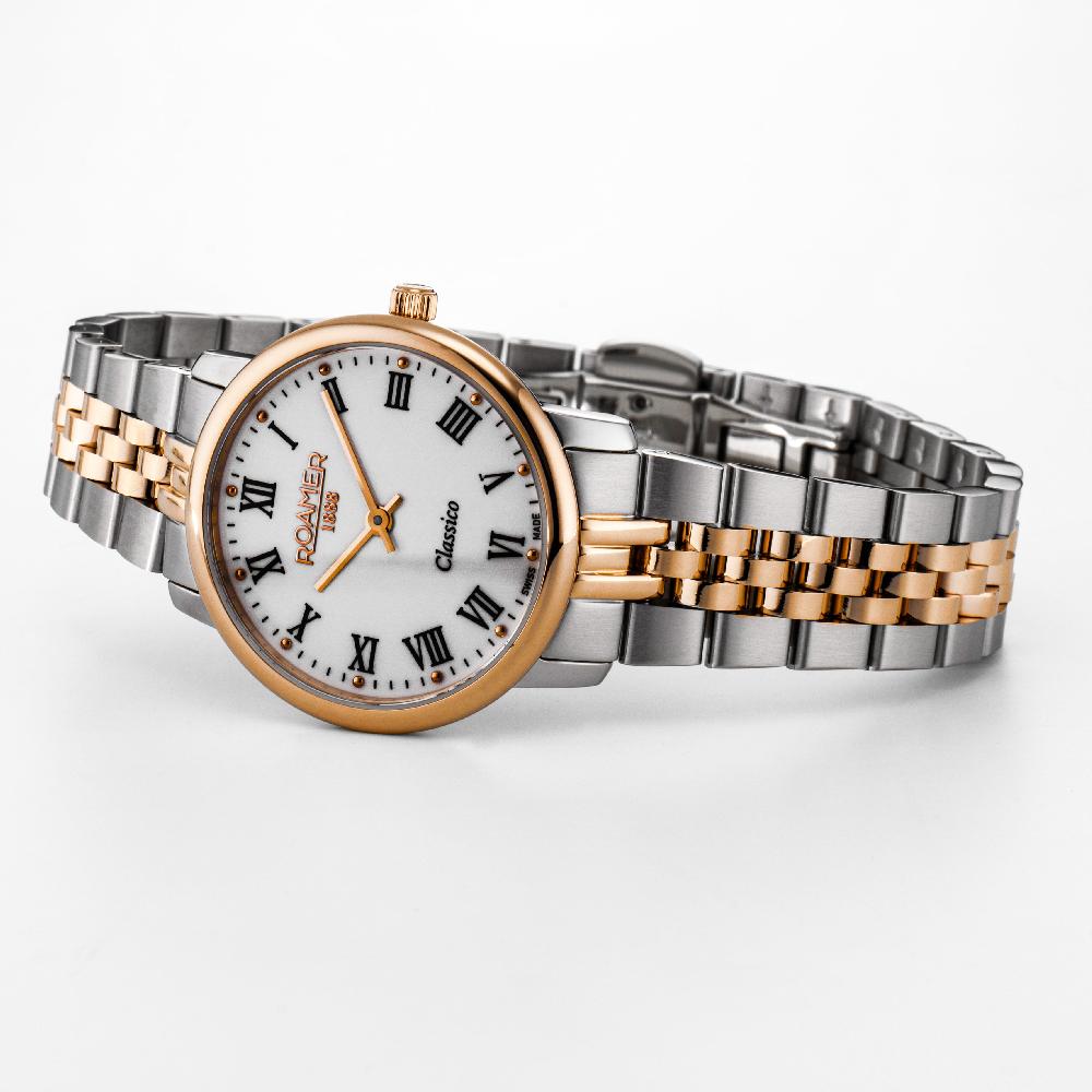 Roamer Classico Ladies 30mm Quartz Two-Hand White Dial RoseGold-Silver Tone Bracelet Sapphire Glass Stainless Steel Swiss Watch