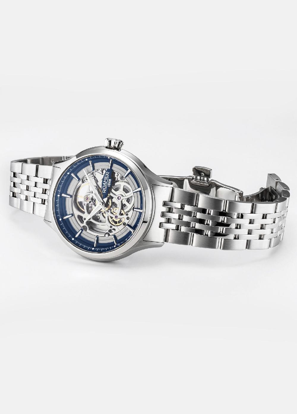 Roamer Competence Skeleton IV 43 Mm Automatic Three-Hand Blue Dial Silver Bracelet Sapphire Glass Stainless Steel Swiss Watch