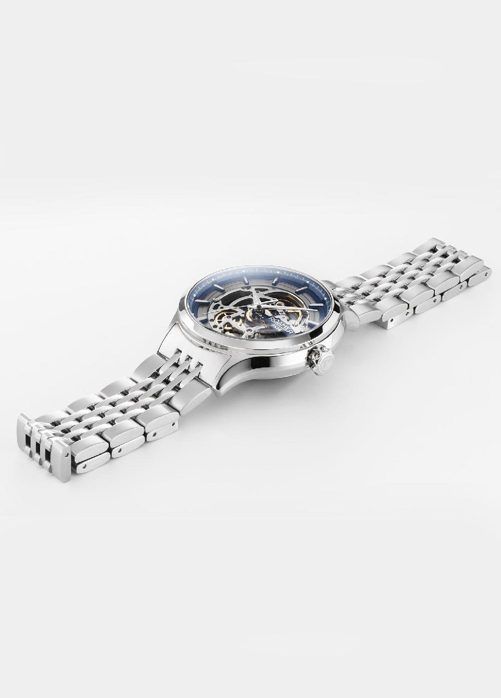 Roamer Competence Skeleton IV 43 Mm Automatic Three-Hand Blue Dial Silver Bracelet Sapphire Glass Stainless Steel Swiss Watch