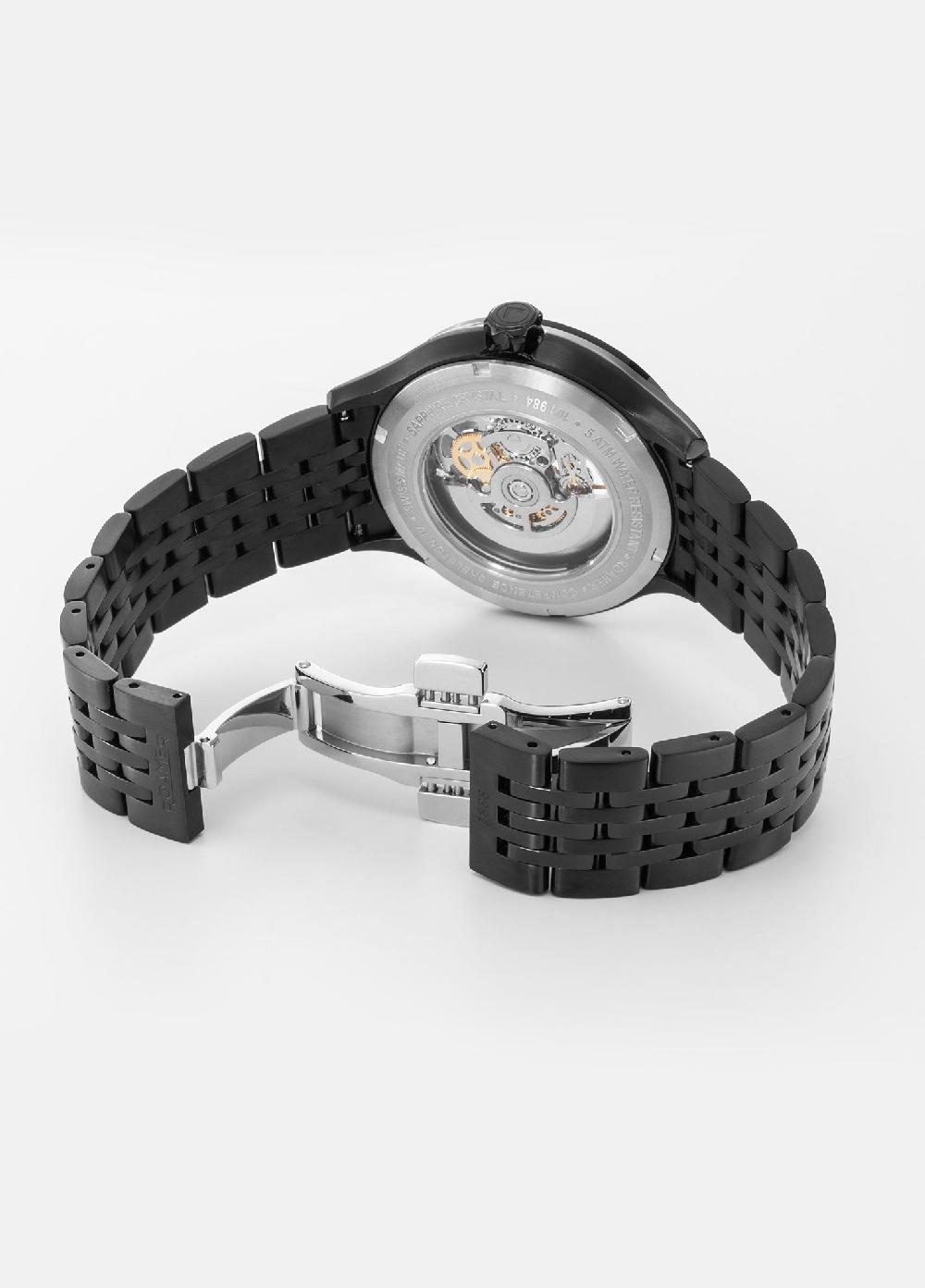 Roamer Competence Skeleton IV 43 Mm Automatic Three-Hand Black Bracelet Sapphire Glass Stainless Steel Swiss Watch