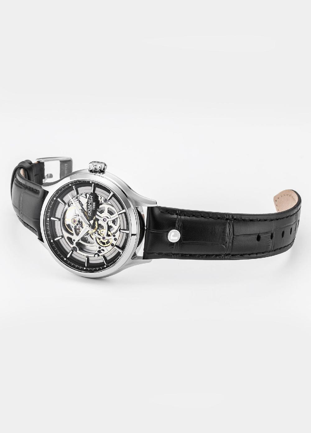 Roamer Competence Skeleton IV 43 Mm Automatic Three-Hand Black Leather Strap Sapphire Glass Stainless Steel Swiss Watch