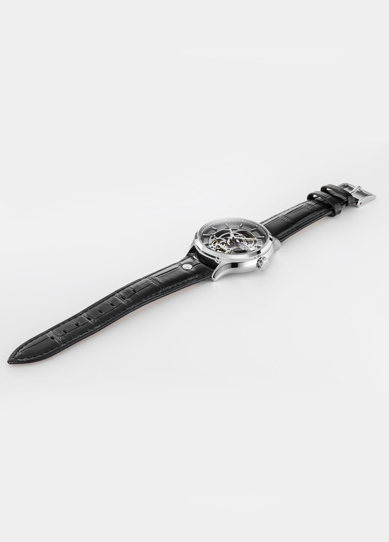 Roamer Competence Skeleton IV 43 Mm Automatic Three-Hand Black Leather Strap Sapphire Glass Stainless Steel Swiss Watch