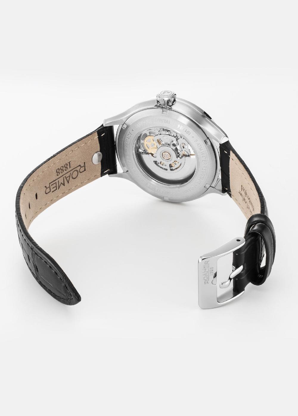 Roamer Competence Skeleton IV 43 Mm Automatic Three-Hand Black Leather Strap Sapphire Glass Stainless Steel Swiss Watch