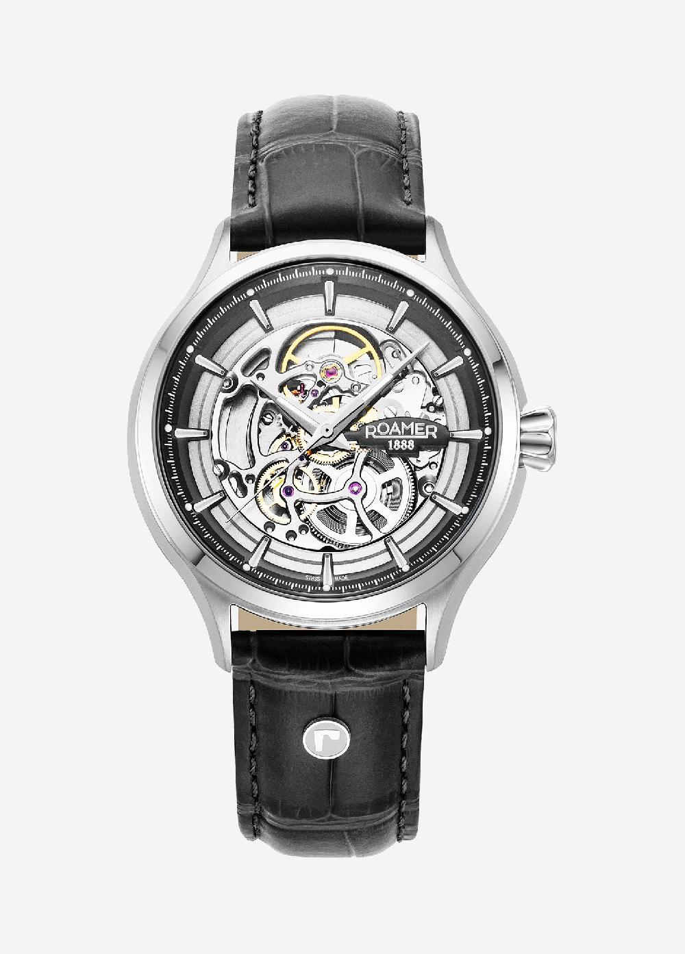 roamer Competence Skeleton IV 43 mm Automatic Three-Hand Black Leather Strap Sapphire glass Stainless Steel swiss watch