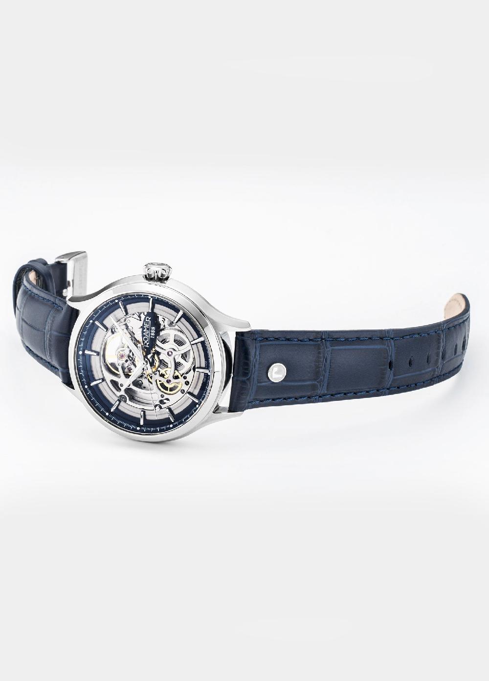 Roamer Competence Skeleton IV 43 Mm Automatic Three-Hand Blue Leather Strap Sapphire Glass Stainless Steel Swiss Watch