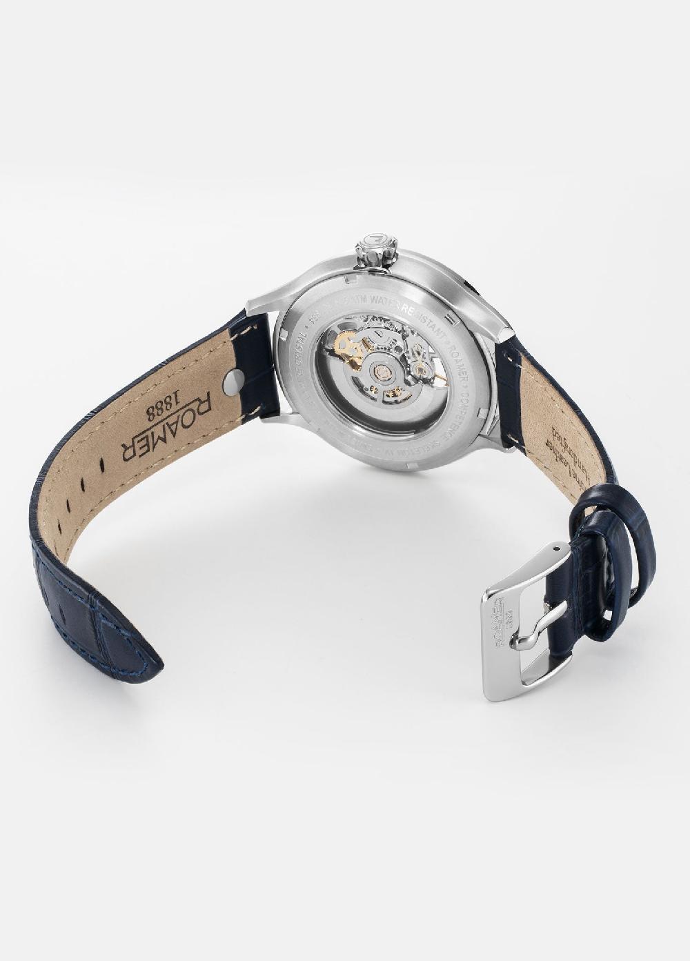 Roamer Competence Skeleton IV 43 Mm Automatic Three-Hand Blue Leather Strap Sapphire Glass Stainless Steel Swiss Watch