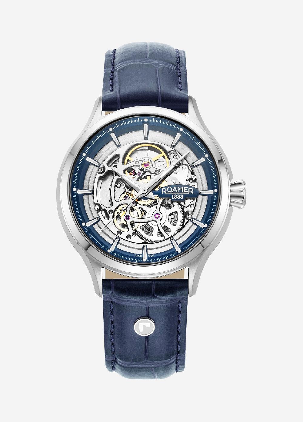 roamer Competence Skeleton IV 43 mm Automatic Three-Hand Blue Leather Strap Sapphire glass Stainless Steel swiss watch