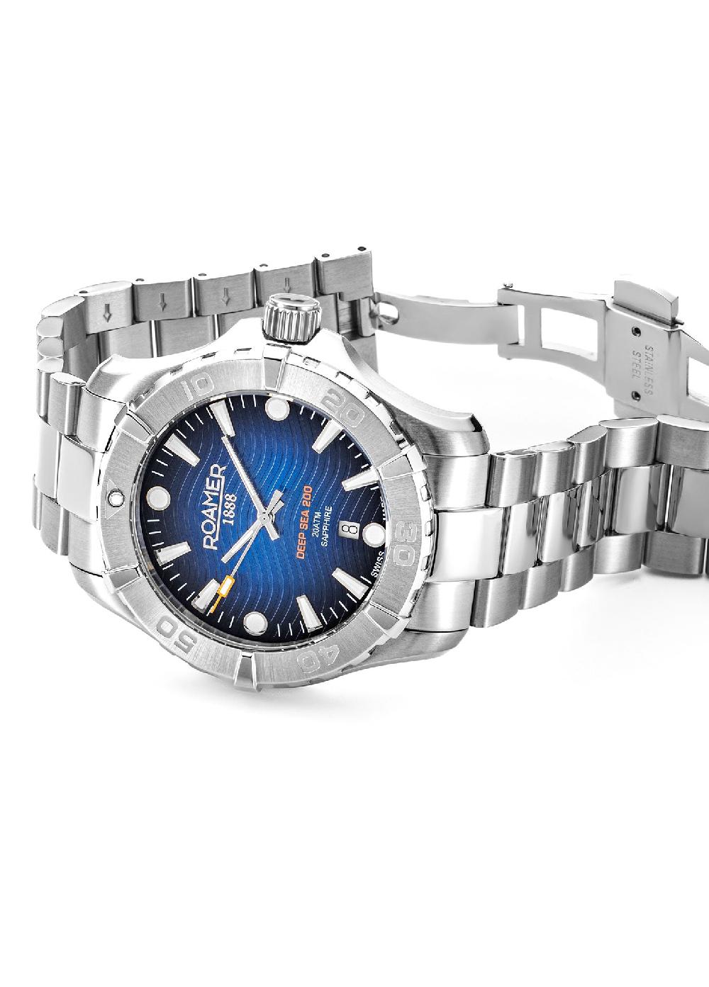 Roamer Deep Sea 200 43 Mm Quartz Three-Hand Date Blue Dial Silver Bracelet Sapphire Glass Stainless Steel Swiss Watch
