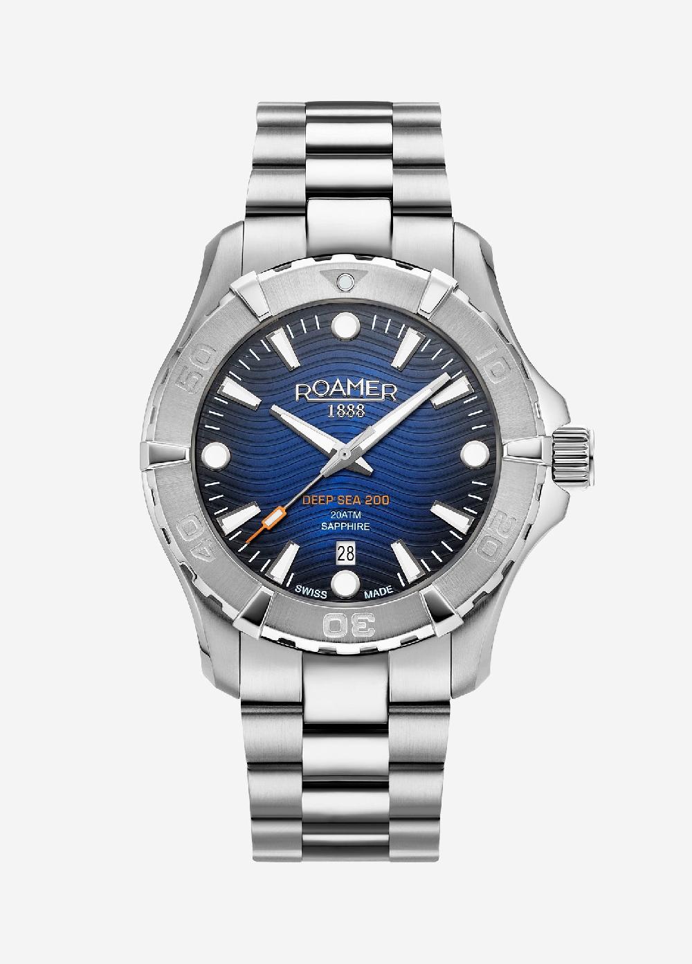 roamer Deep Sea 200 43 mm Quartz Three-Hand Date Blue Dial Silver Bracelet Sapphire glass Stainless Steel swiss watch