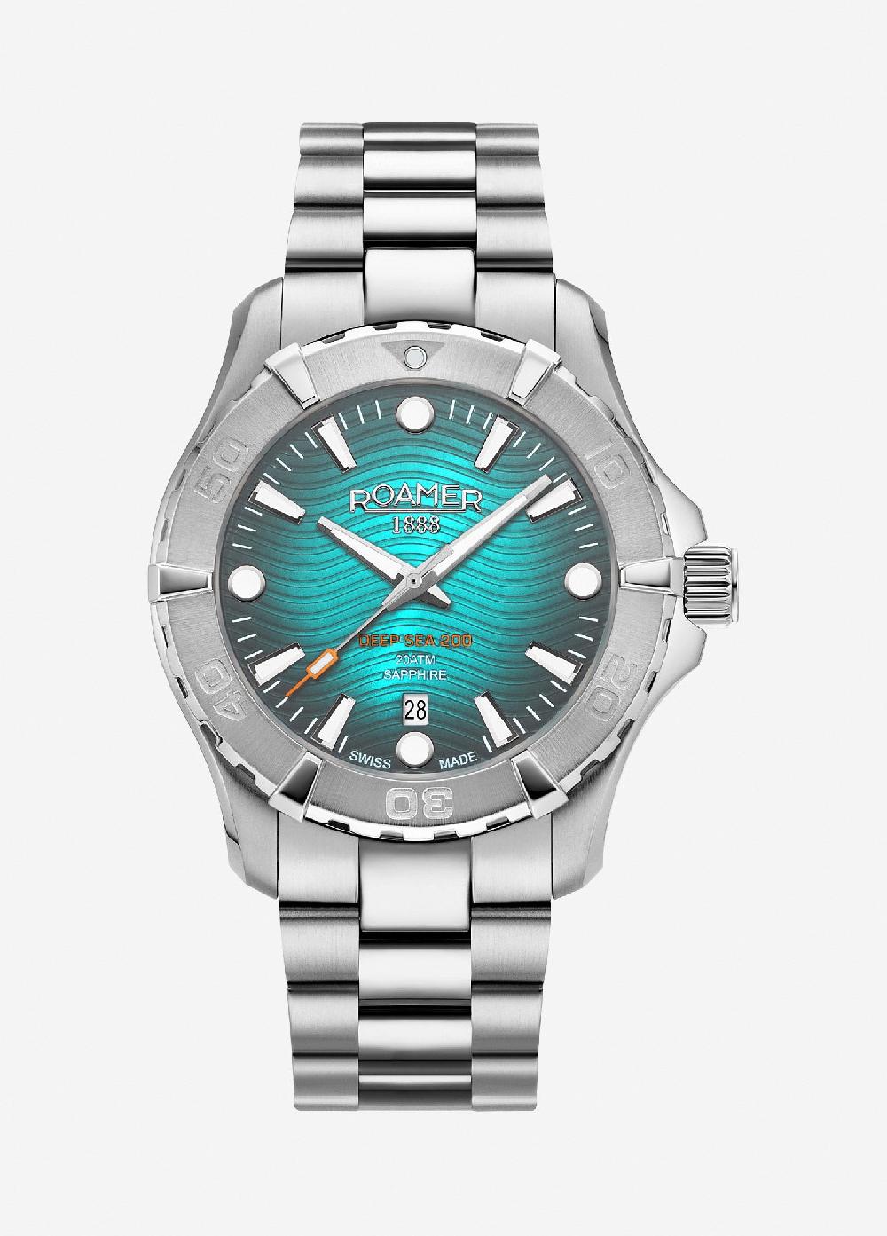 roamer Deep Sea 200 43 mm Quartz Three-Hand Date Sky Blue Pattern Dial Silver Bracelet Sapphire glass Stainless Steel swiss watch