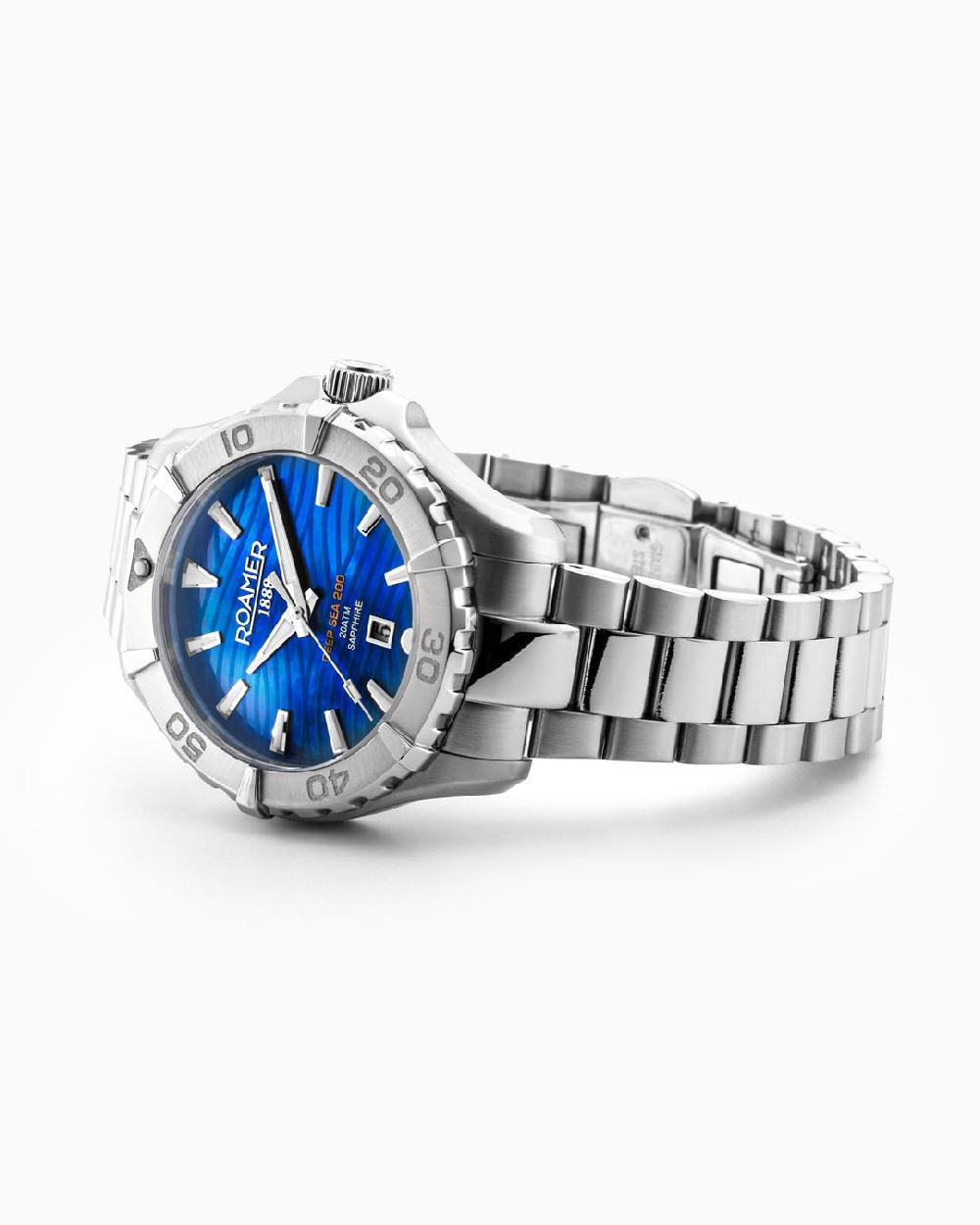 Roamer Deep Sea 200 Ladies 34 Mm Quartz Three-Hand Date Blue Dial Silver Bracelet Sapphire Glass Stainless Steel Swiss Watch