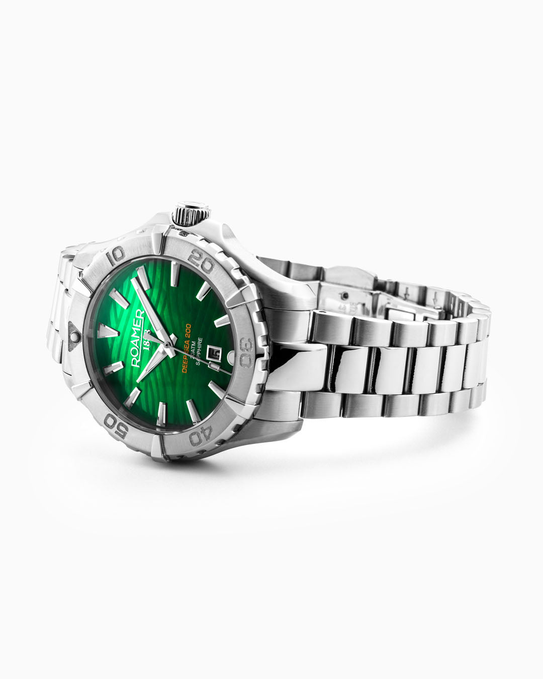 Roamer Deep Sea 200 Ladies 34 Mm Quartz Three-Hand Date Green Dial Silver Bracelet Sapphire Glass Stainless Steel Swiss Watch