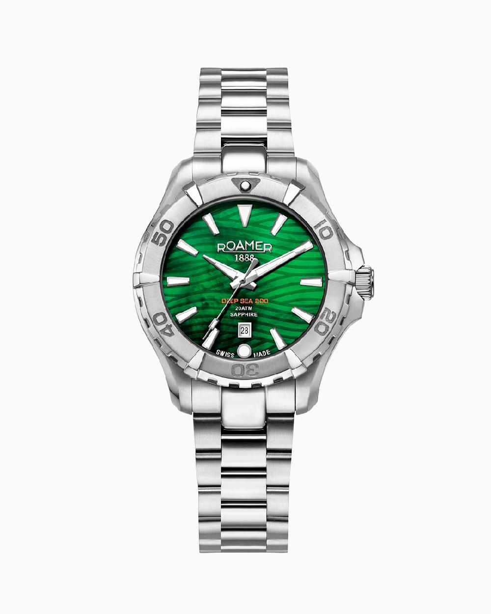 roamer Deep Sea 200 Ladies 34 mm Quartz Three-Hand Date Green Dial Silver Bracelet Sapphire glass Stainless Steel swiss watch