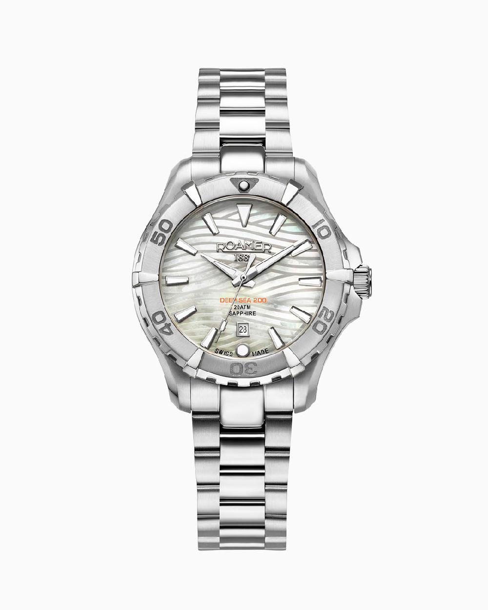 roamer Deep Sea 200 Ladies 34 mm Quartz Three-Hand Date White Dial Silver Bracelet Sapphire glass Stainless Steel swiss watch