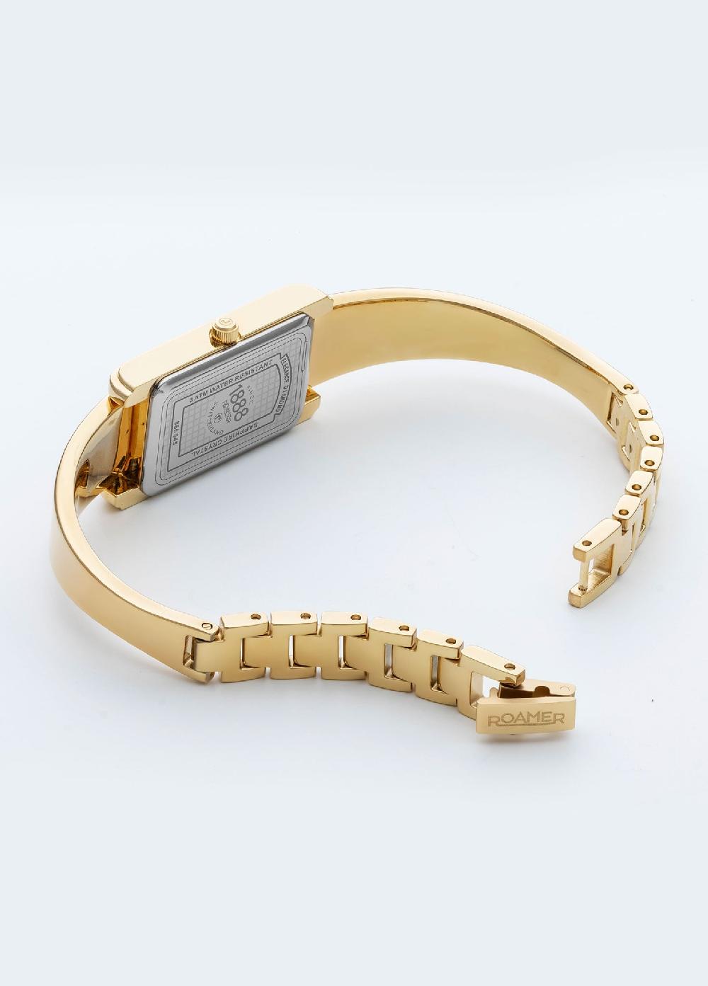 Roamer Elegance Diamond 17x32mm Quartz Two-Hand Black Dial Gold Tone Bracelet Sapphire Antireflection Glass Stainless Steel Swiss Watch