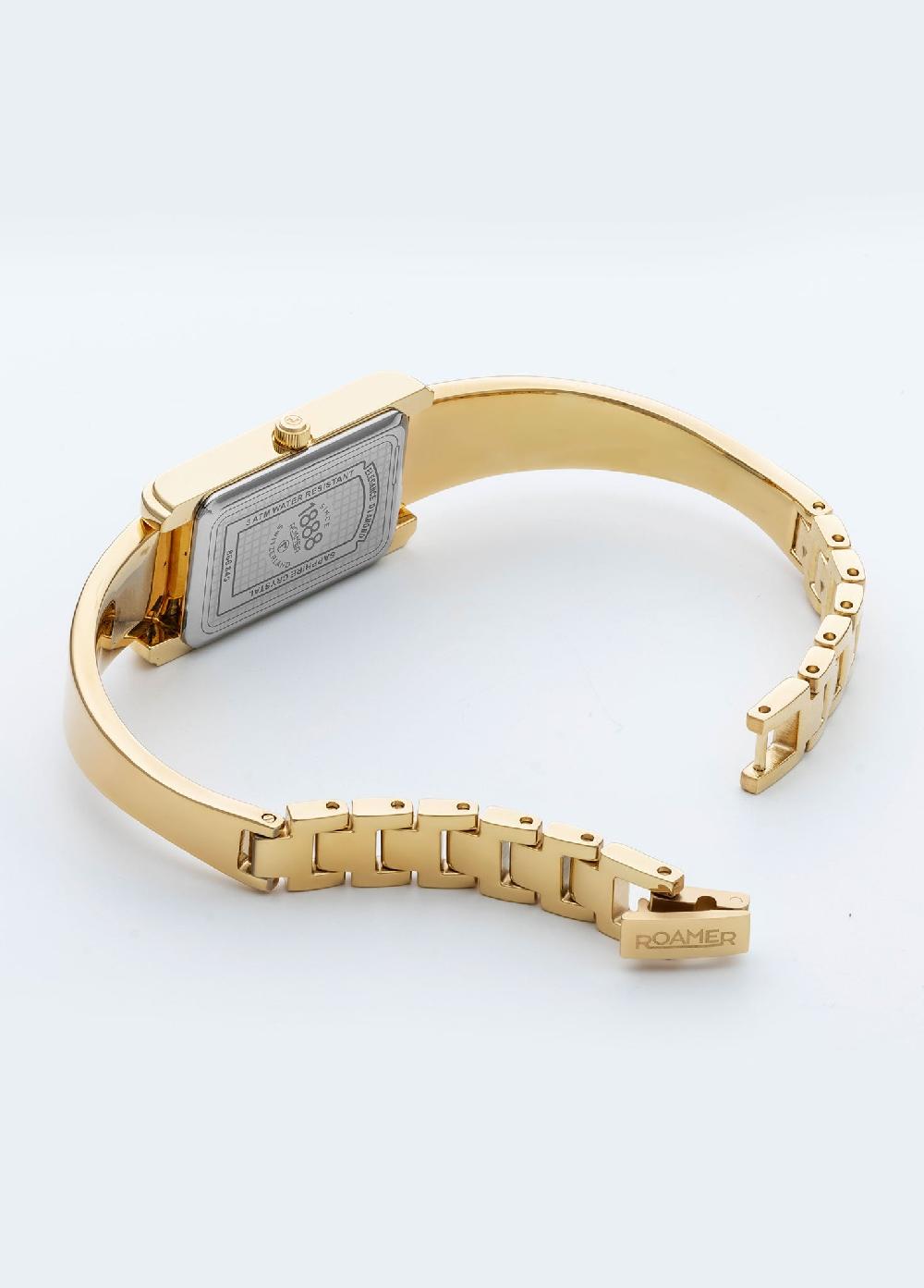 Roamer Elegance Diamond 17x32mm Quartz Two-Hand Gold Bracelet Sapphire Antireflection Glass Stainless Steel Swiss Watch