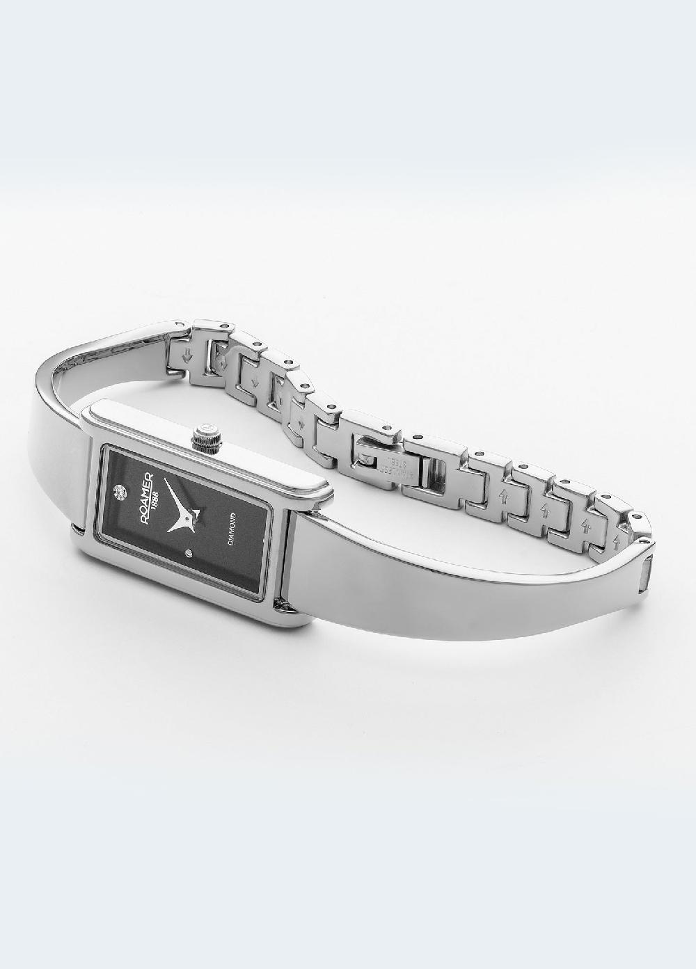 Roamer Elegance Diamond 17x32mm Quartz Two-Hand Silver Bracelet Sapphire Antireflection Glass Stainless Steel Swiss Watch