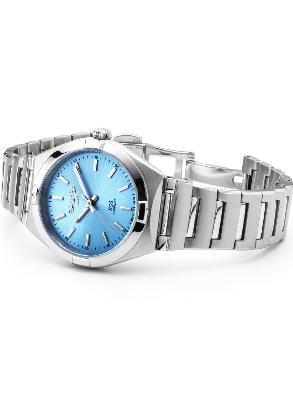 Roamer EOS Classic 34mm Quartz Three-Hand Lightblue Dial Silver Bracelet Sapphire Glass Stainless Steel Swiss Watch