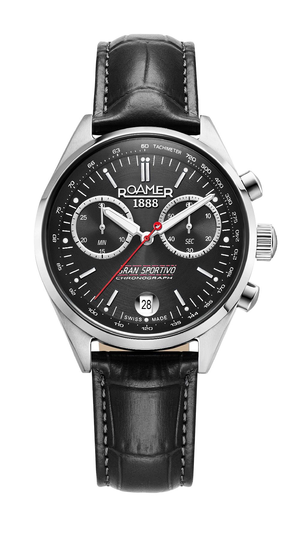 Roamer Gran Sportivo 41.5mm Quartz Chronograph Date Black Sunray Dial Silver Bracelet Sapphire Antireflection Glass Stainless Steel Swiss Watch