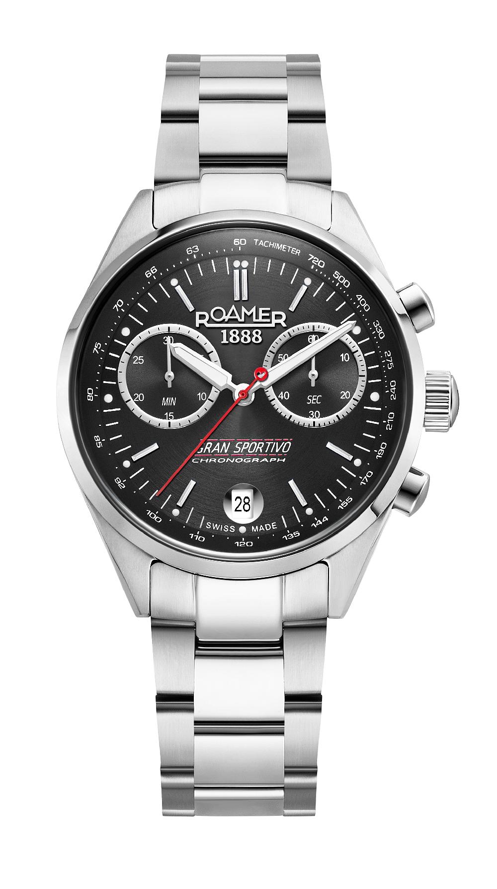 roamer Gran Sportivo 41.5mm Quartz Chronograph Date Black Sunray Dial Silver Bracelet Sapphire antireflection glass Stainless Steel swiss watch