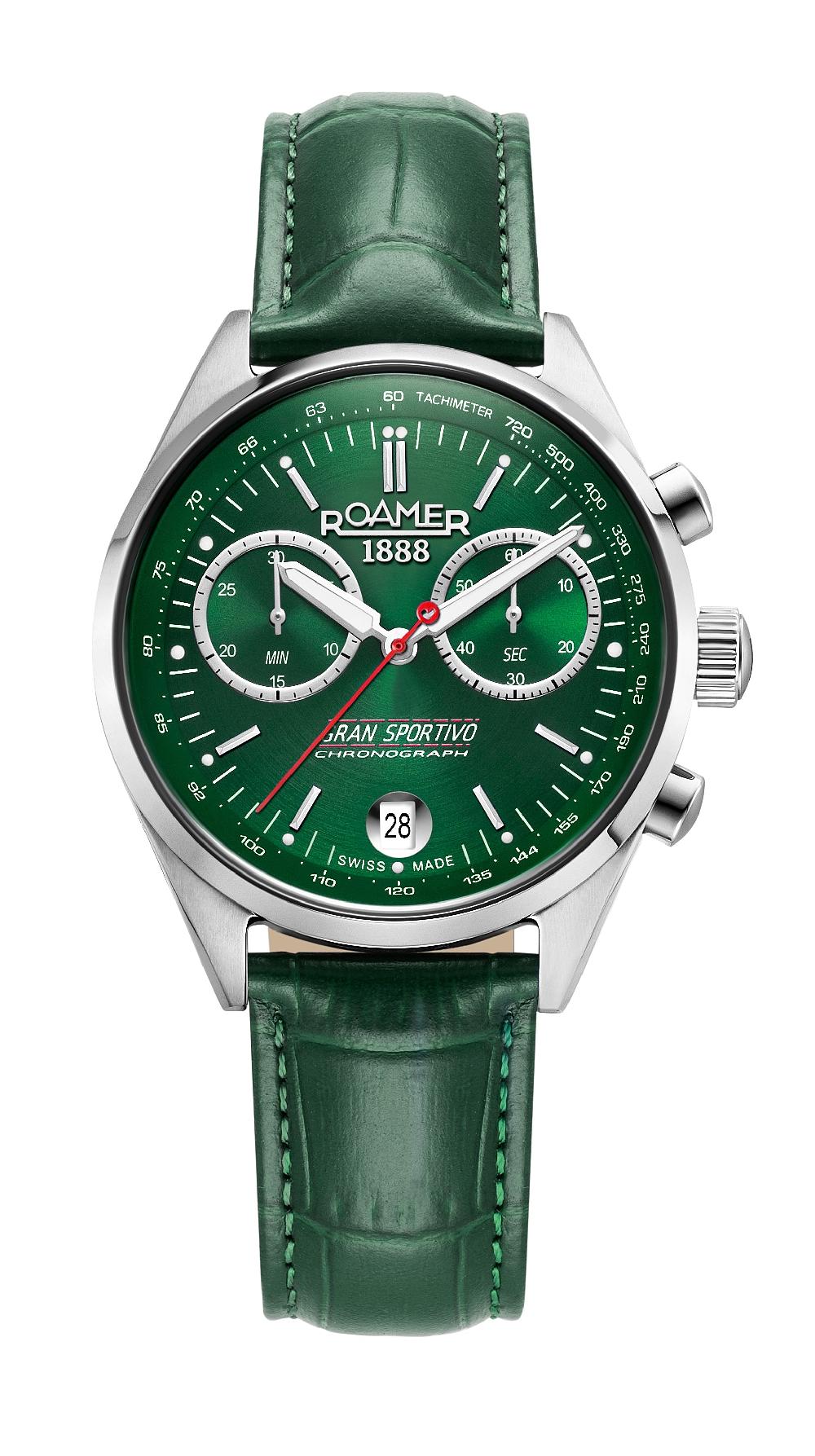 Roamer Gran Sportivo 41.5mm Quartz Chronograph Date Green Sunray Dial Silver Bracelet Sapphire Antireflection Glass Stainless Steel Swiss Watch
