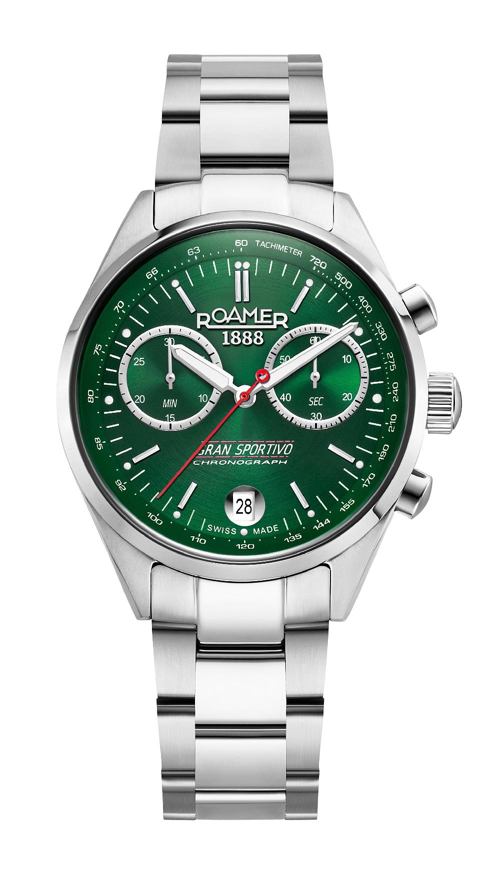 roamer Gran Sportivo 41.5mm Quartz Chronograph Date Green Sunray Dial Silver Bracelet Sapphire antireflection glass Stainless Steel swiss watch