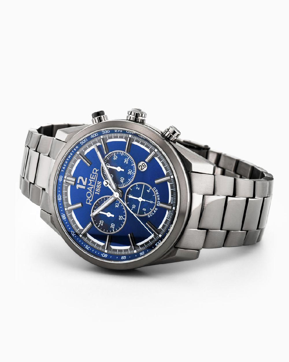 Roamer Helios Power 43.5mm Solar Powered Chronograph Date Gun Color Bracelet Sapphire Glass Stainless Steel Swiss Watch