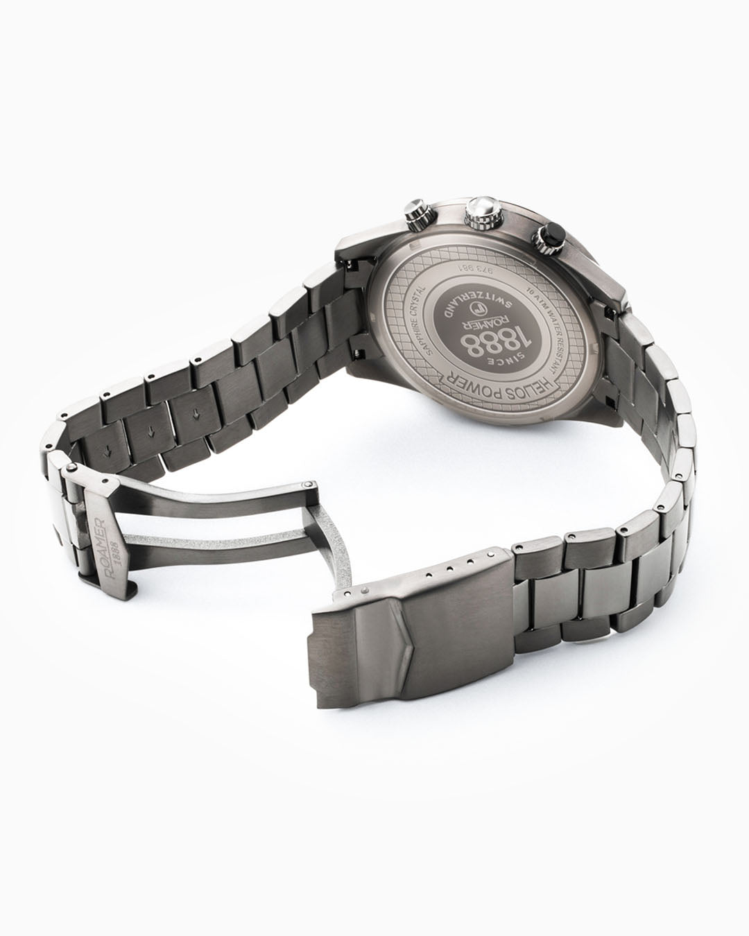 Roamer Helios Power 43.5mm Solar Powered Chronograph Date Gun Color Bracelet Sapphire Glass Stainless Steel Swiss Watch