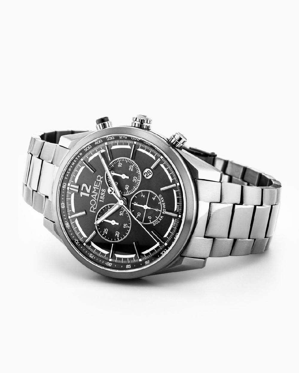 Roamer Helios Power 43.5mm Solar Powered Chronograph Date Gun Color Bracelet Sapphire Glass Stainless Steel Swiss Watch