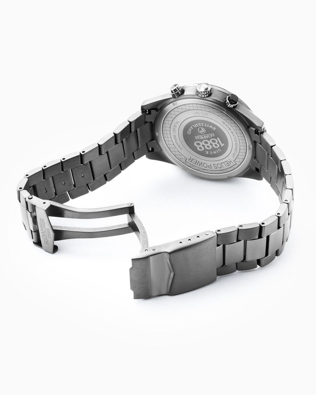 Roamer Helios Power 43.5mm Solar Powered Chronograph Date Gun Color Bracelet Sapphire Glass Stainless Steel Swiss Watch