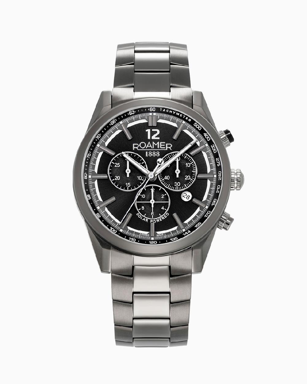 roamer Helios Power 43.5mm Solar powered Chronograph Date Gun color Bracelet Sapphire glass Stainless Steel swiss watch