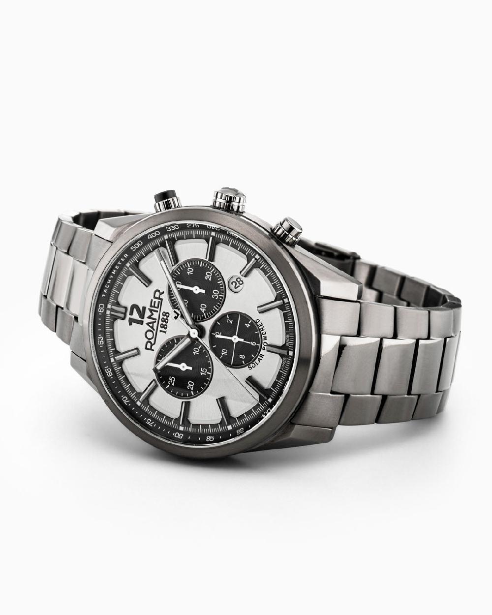 Roamer Helios Power 43.5mm Solar Powered Chronograph Date Gun Color Bracelet Sapphire Glass Stainless Steel Swiss Watch