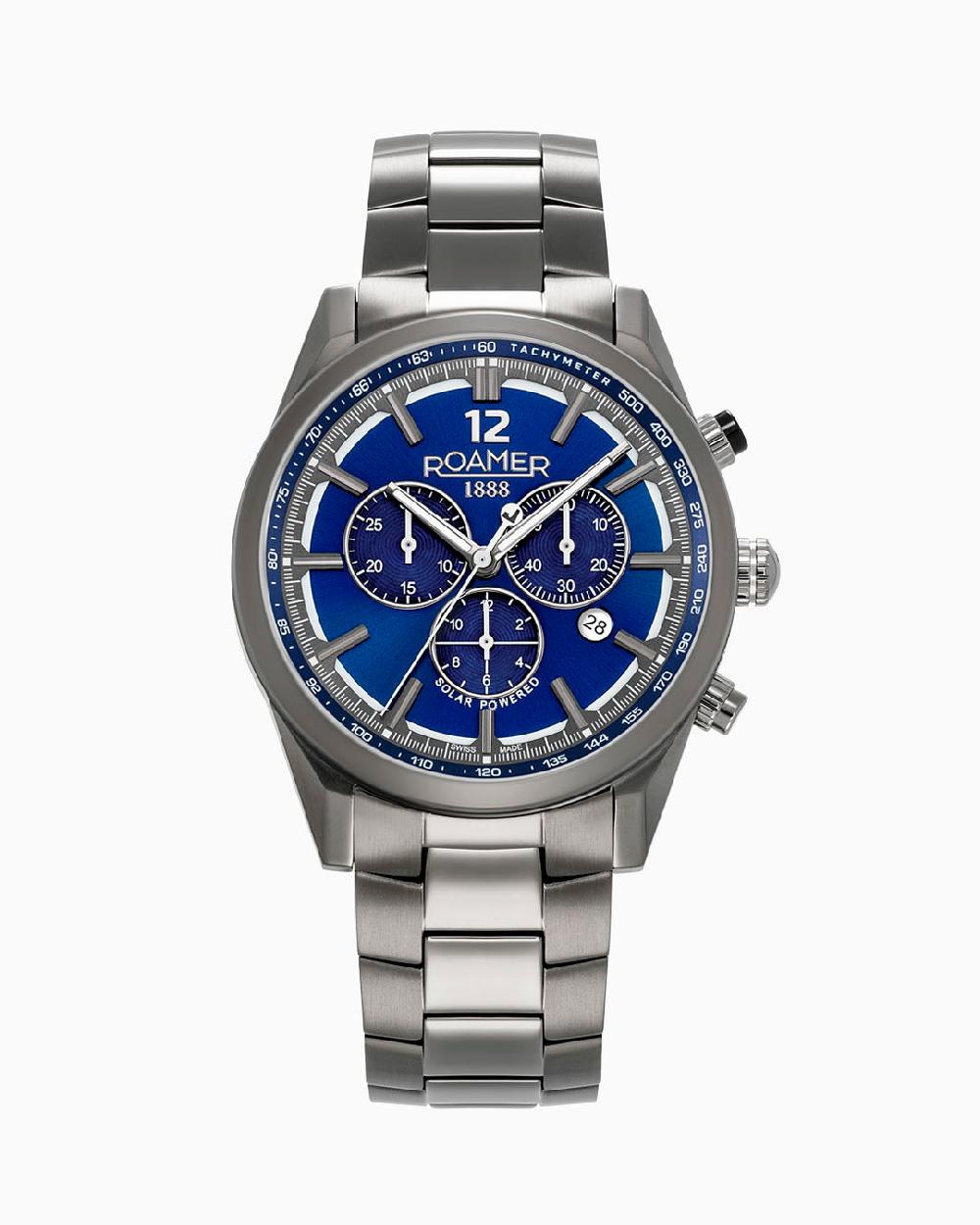 roamer Helios Power 43.5mm Solar powered Chronograph Date Gun color Bracelet Sapphire glass Stainless Steel swiss watch