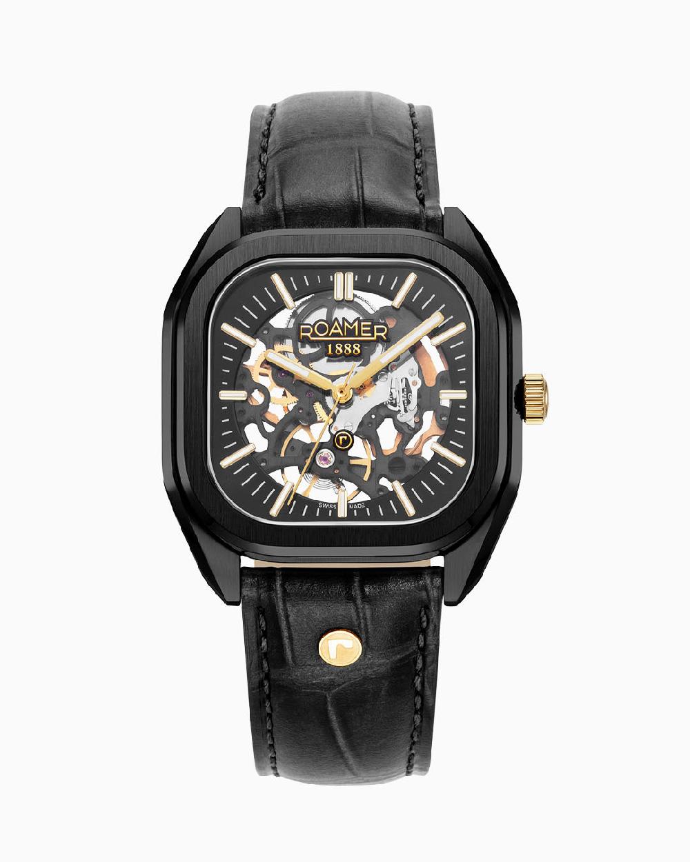 Roamer Mechano 42 Mm Mechanic Three-Hand Black + Gold Bracelet Sapphire Antireflection Glass Stainless Steel Swiss Watch
