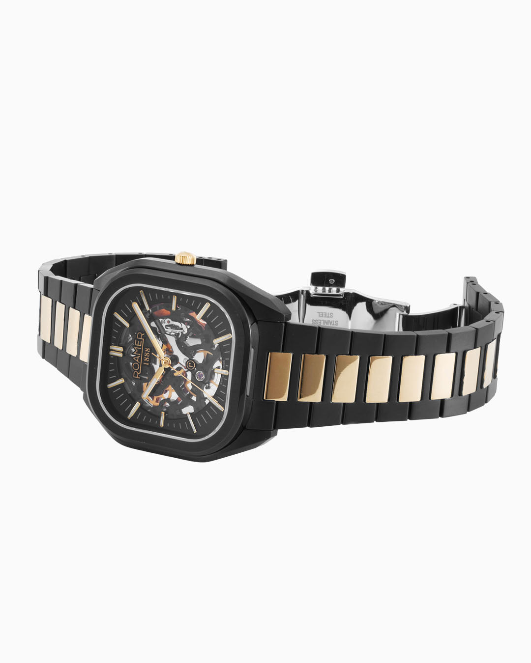 Roamer Mechano 42 Mm Mechanic Three-Hand Black + Gold Bracelet Sapphire Antireflection Glass Stainless Steel Swiss Watch