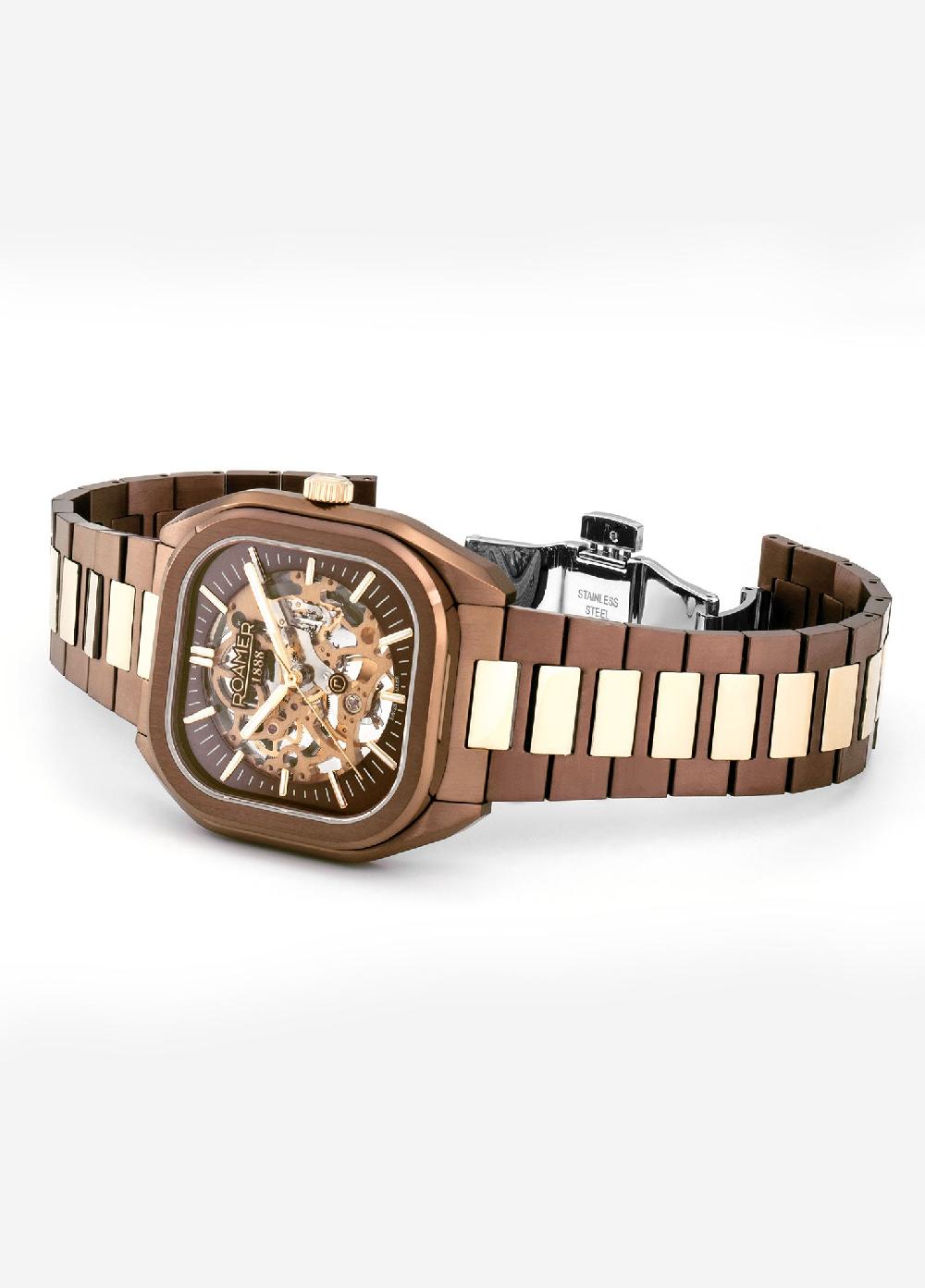 Roamer Mechano 42 Mm Mechanic Three-Hand Brown + Gold Bracelet Sapphire Antireflection Glass Stainless Steel Swiss Watch