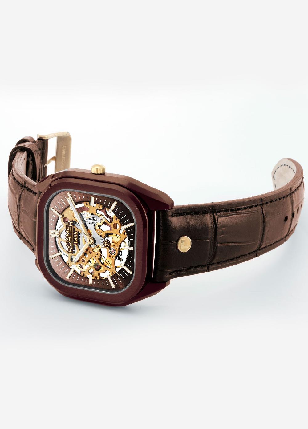 Roamer Mechano 42 Mm Mechanic Three-Hand Brown + Gold Bracelet Sapphire Antireflection Glass Stainless Steel Swiss Watch