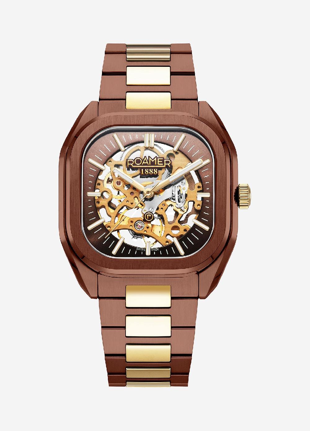 roamer Mechano 42 mm Mechanic Three-Hand Brown + Gold Bracelet Sapphire antireflection glass Stainless Steel swiss watch
