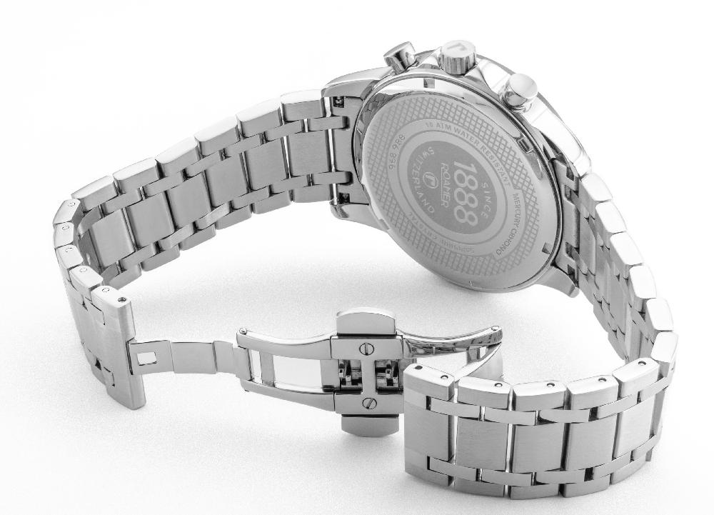 Roamer Mercury Chrono 43.5 Mm Quartz Chronograph Date Small Second Black Sunray Dial Silver Bracelet Sapphire Glass Stainless Steel Swiss Watch