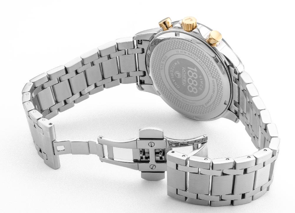 Roamer Mercury Chrono 43.5 Mm Quartz Chronograph Date Small Second Silver Bracelet Sapphire Glass Stainless Steel Swiss Watch