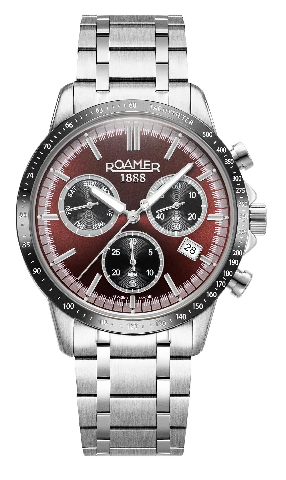 roamer Mercury Chrono 43.5 mm Quartz Chronograph Date small second Red Sunray Dial Silver Bracelet Sapphire glass Stainless Steel swiss watch