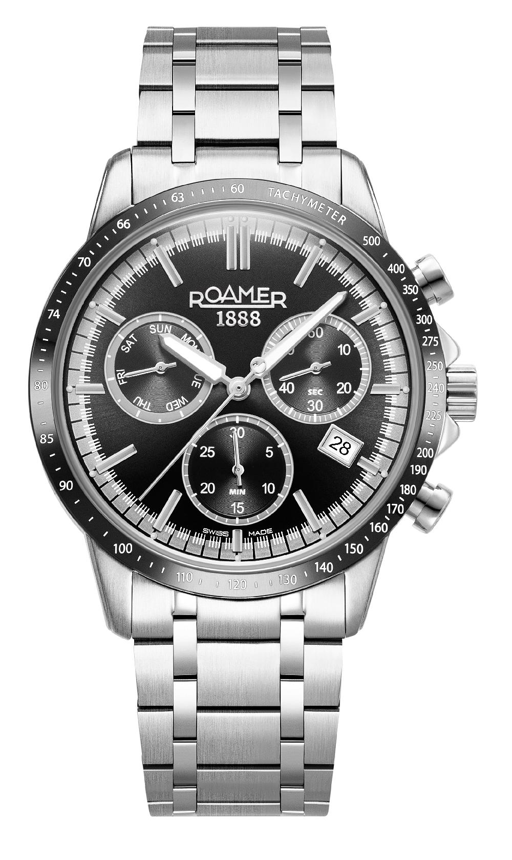 roamer Mercury Chrono 43.5 mm Quartz Chronograph Date small second Black Sunray Dial Silver Bracelet Sapphire glass Stainless Steel swiss watch