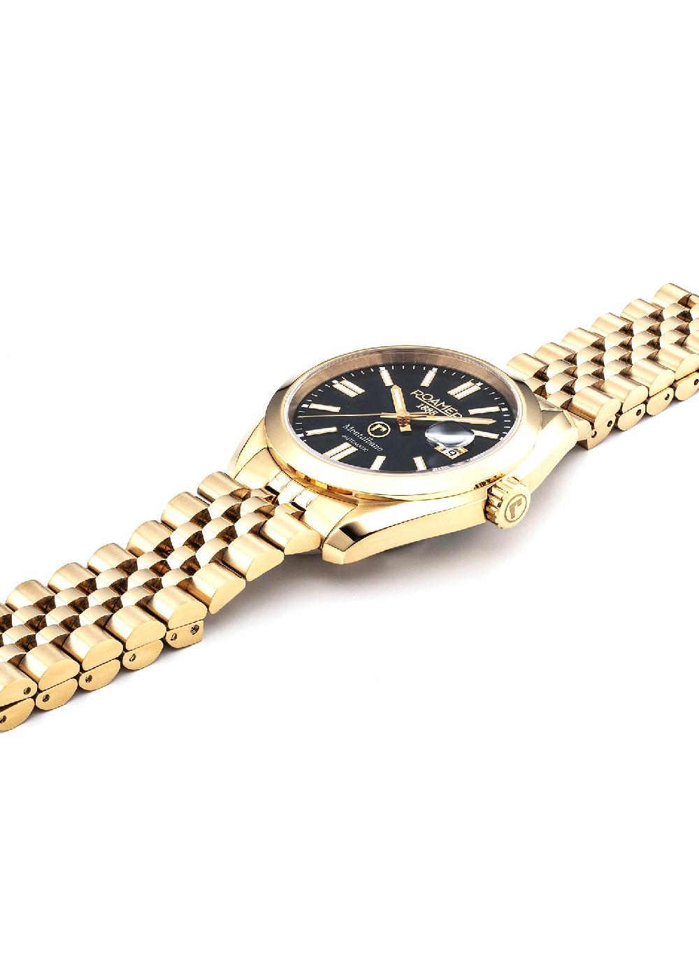 Roamer Montalbano Gents 41.5 Mm Automatic Three-Hand Date Gold Bracelet Sapphire Glass Stainless Steel Swiss Watch