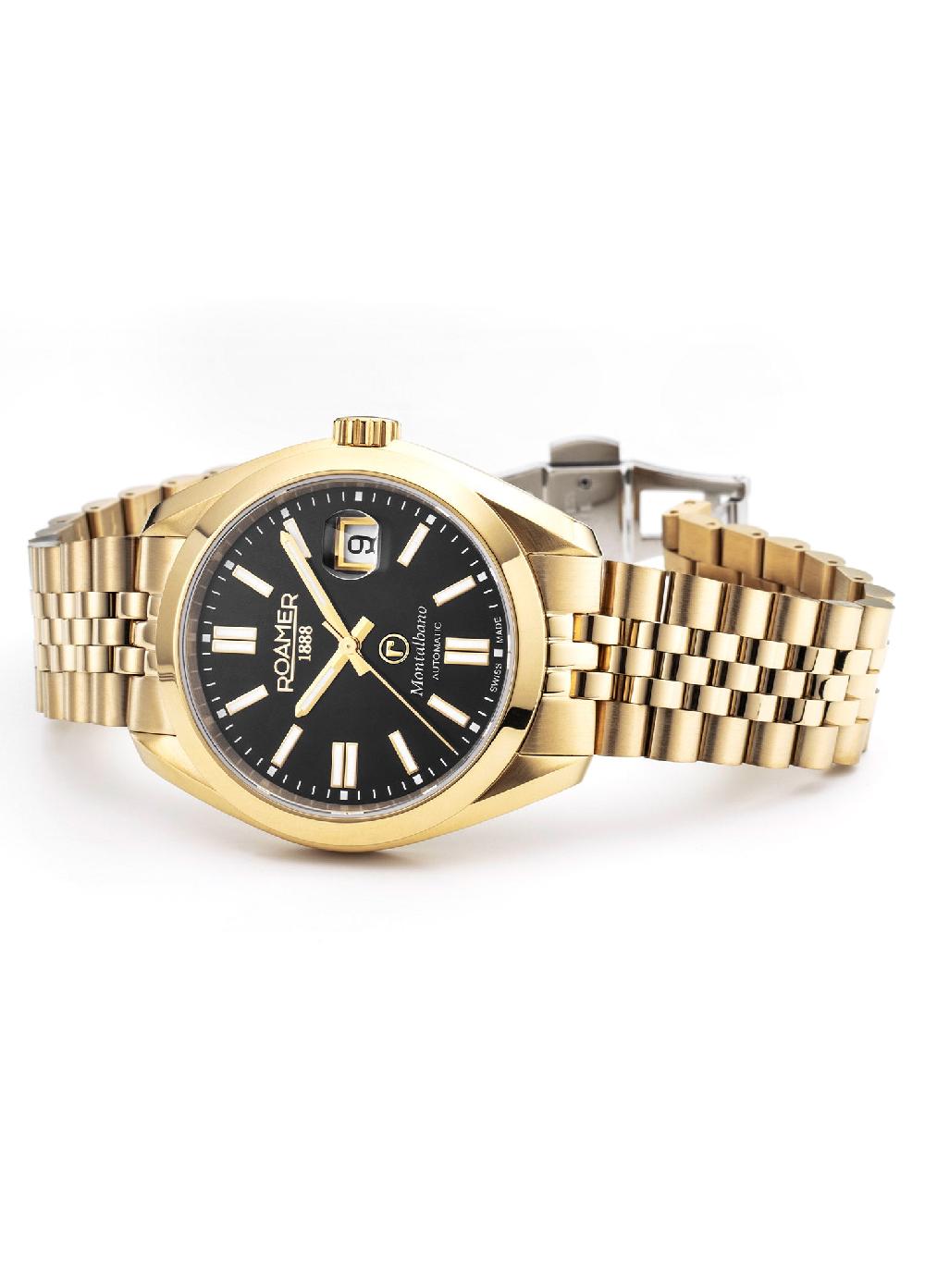 Roamer Montalbano Gents 41.5 Mm Automatic Three-Hand Date Gold Bracelet Sapphire Glass Stainless Steel Swiss Watch