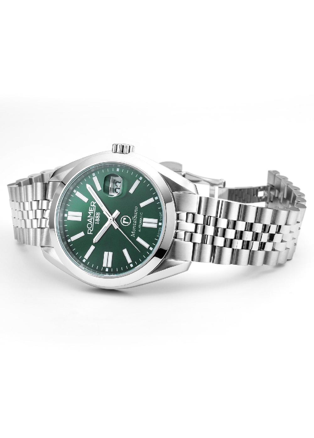 Roamer Montalbano Gents 41.5 Mm Automatic Three-Hand Date Green Sunray Dial Silver Bracelet Sapphire Glass Stainless Steel Swiss Watch