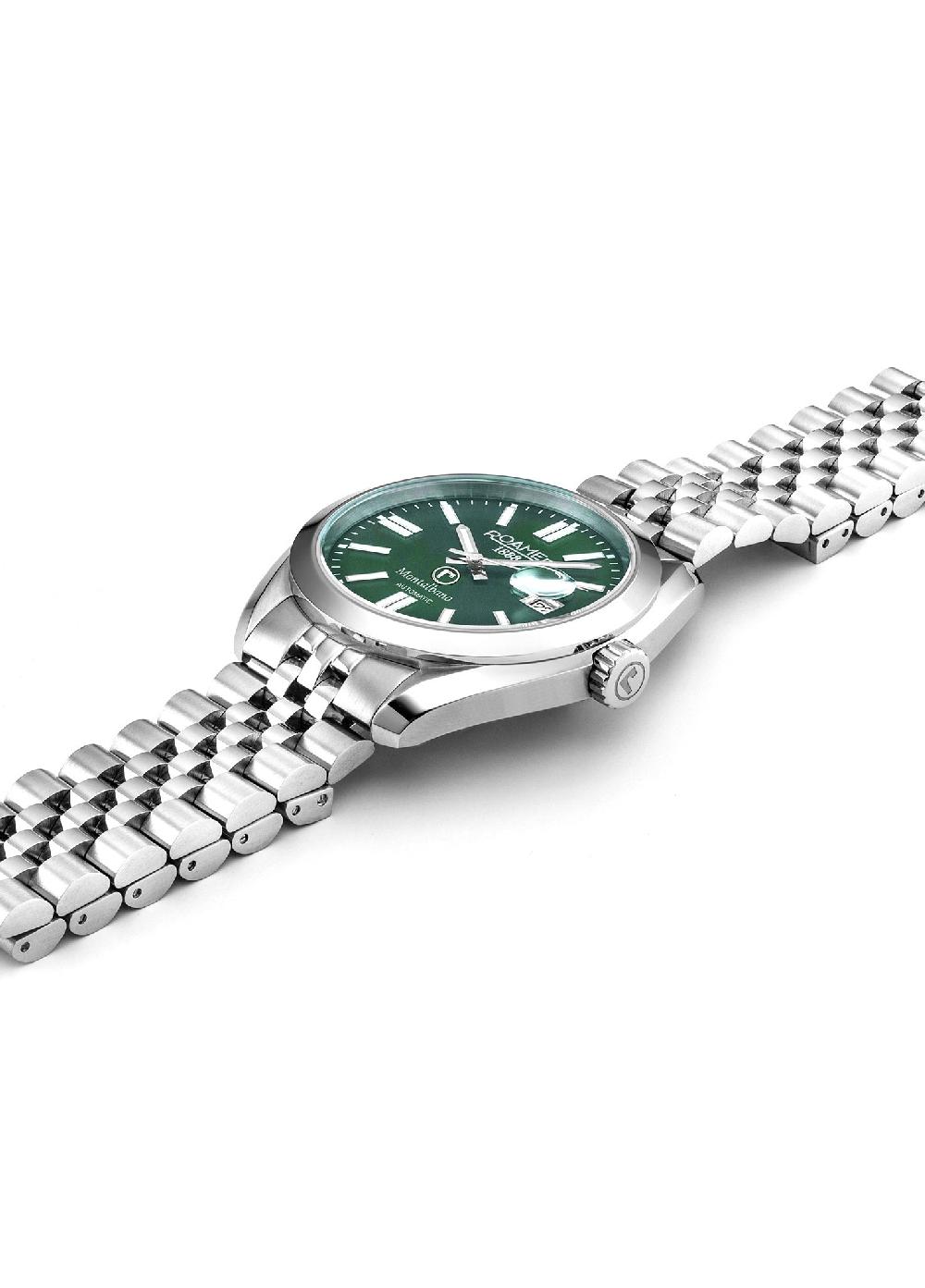 Roamer Montalbano Gents 41.5 Mm Automatic Three-Hand Date Green Sunray Dial Silver Bracelet Sapphire Glass Stainless Steel Swiss Watch