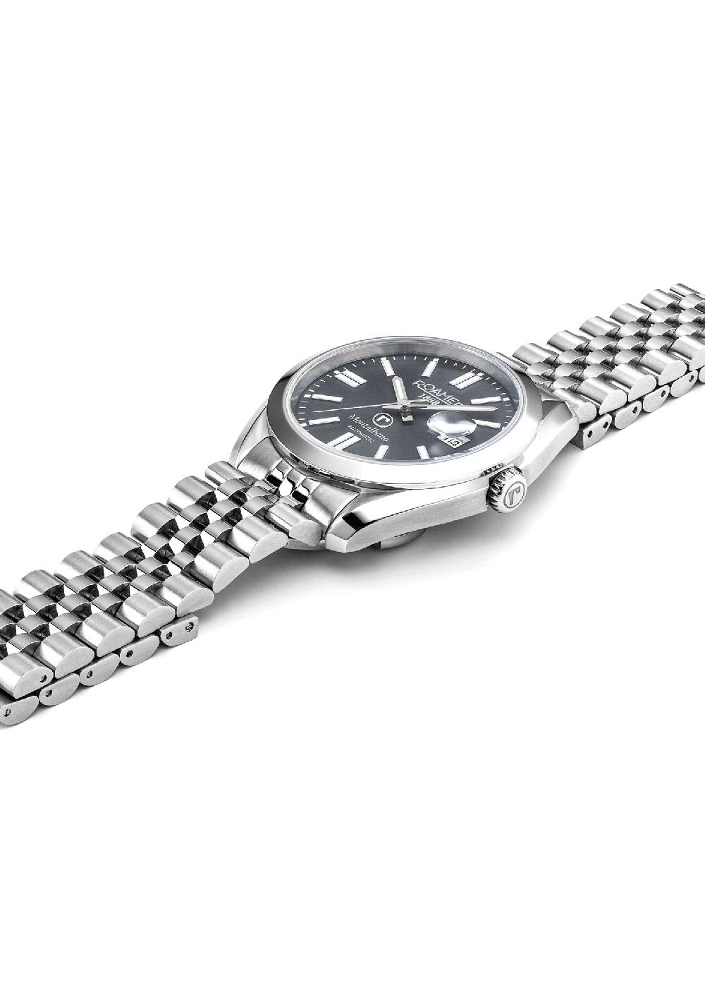 Roamer Montalbano Gents 41.5 Mm Automatic Three-Hand Date Grey Sunray Dial Silver Bracelet Sapphire Glass Stainless Steel Swiss Watch