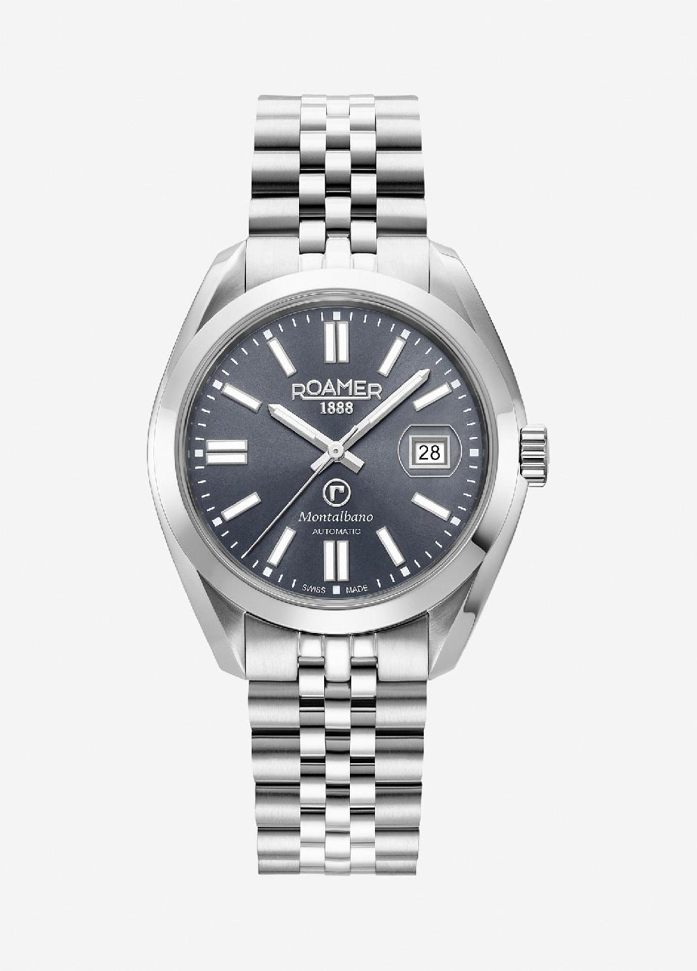 roamer Montalbano Gents 41.5 mm Automatic Three-Hand Date Grey Sunray Dial Silver Bracelet Sapphire glass Stainless Steel swiss watch